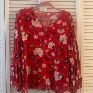 Old Navy blouse long sleeve red with flowers XXL
